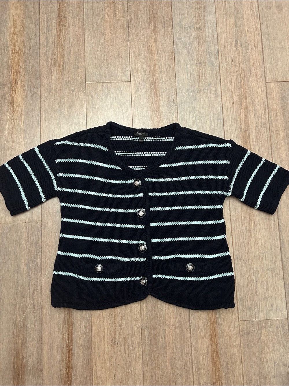 Talbots Navy and Light Blue Striped Short-Sleeve Cotton Cardigan size P